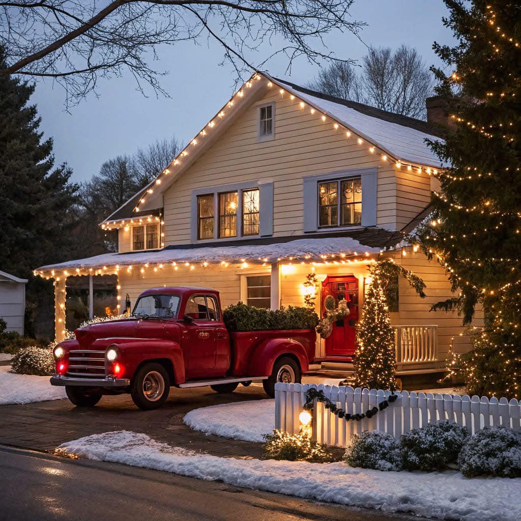 Yellow house with Christmas lights and vintage red truck in snowy driveway at dusk