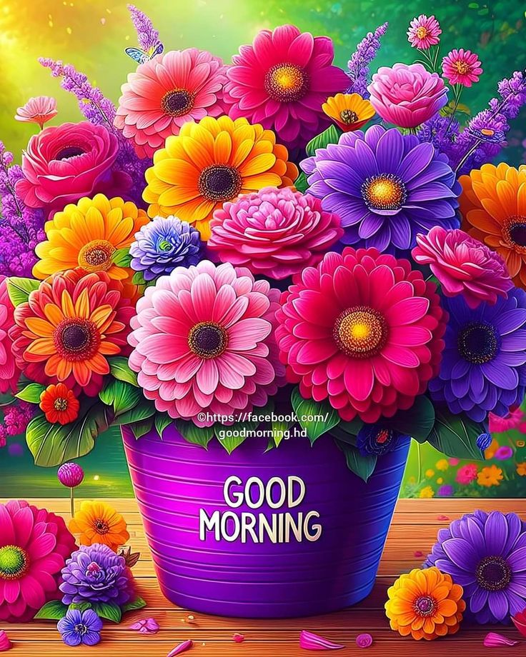 Colorful bouquet of flowers in a purple pot labeled Good Morning