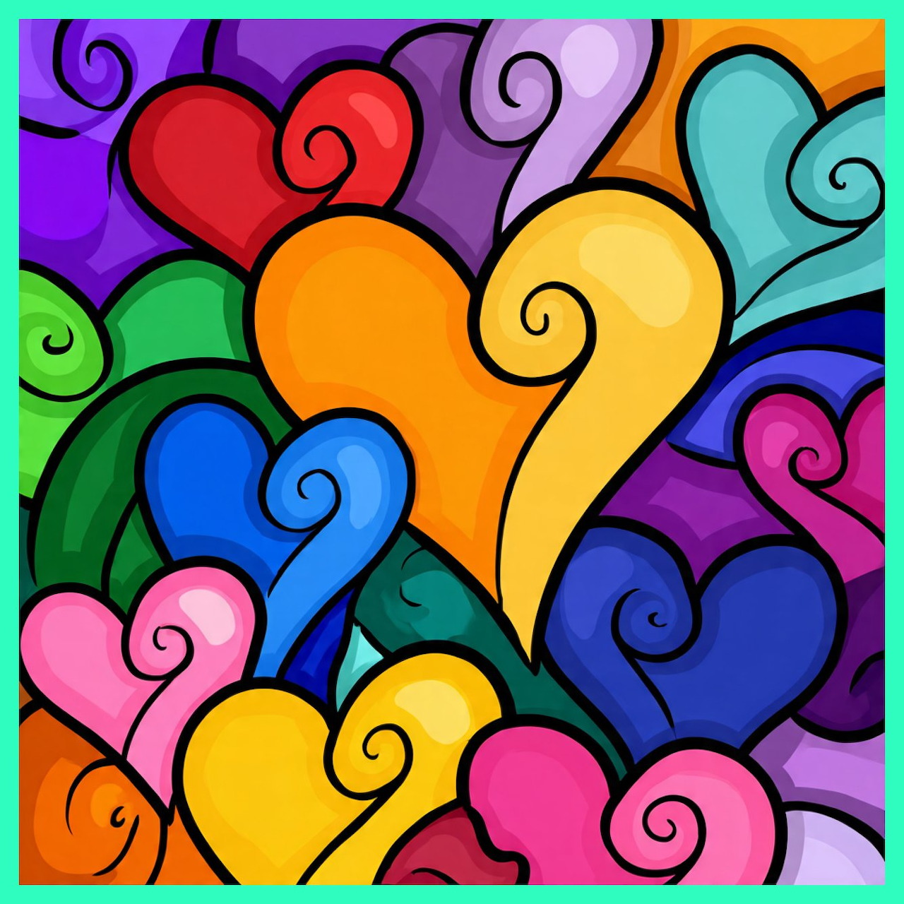 Colorful overlapping hearts with swirls in rainbow colors on a vibrant background