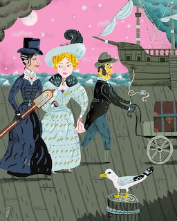 Three Victorian women in elegant dresses on a ship deck with seagull and pink sky