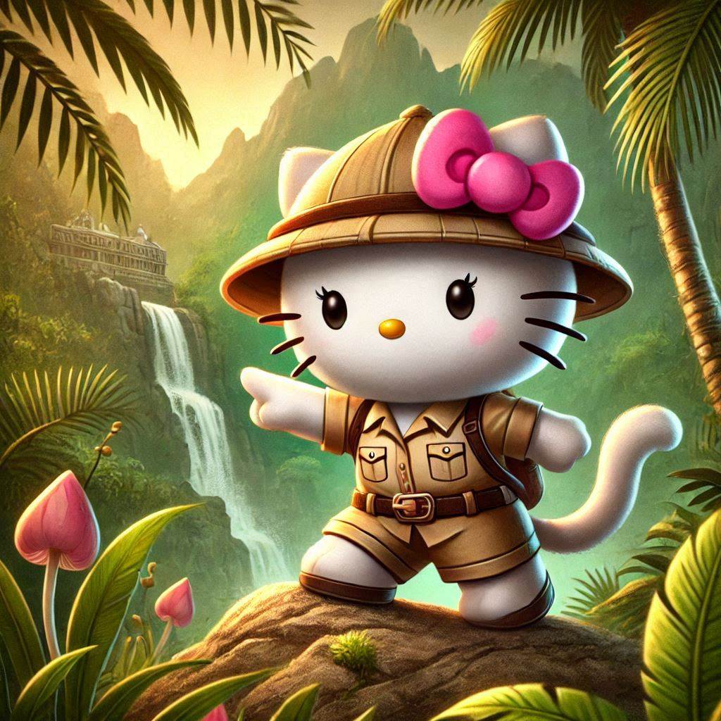 Hello Kitty in safari outfit standing on a rock in a tropical jungle with a waterfall behind