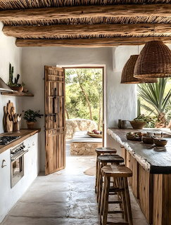 Rustic farmhouse kitchen with wooden cabinets, open shelving, and hanging cookware