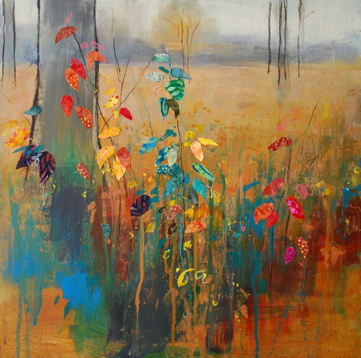 Abstract impressionist painting of vibrant wildflowers in warm golden and turquoise tones with dark vertical streaks