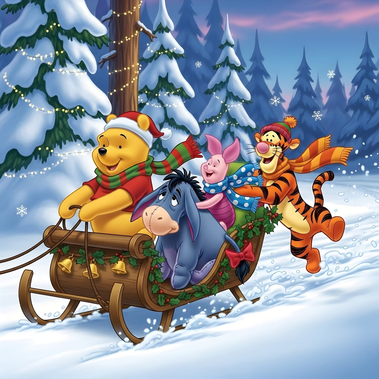 Winnie the Pooh and friends riding a sleigh in a snowy Christmas forest