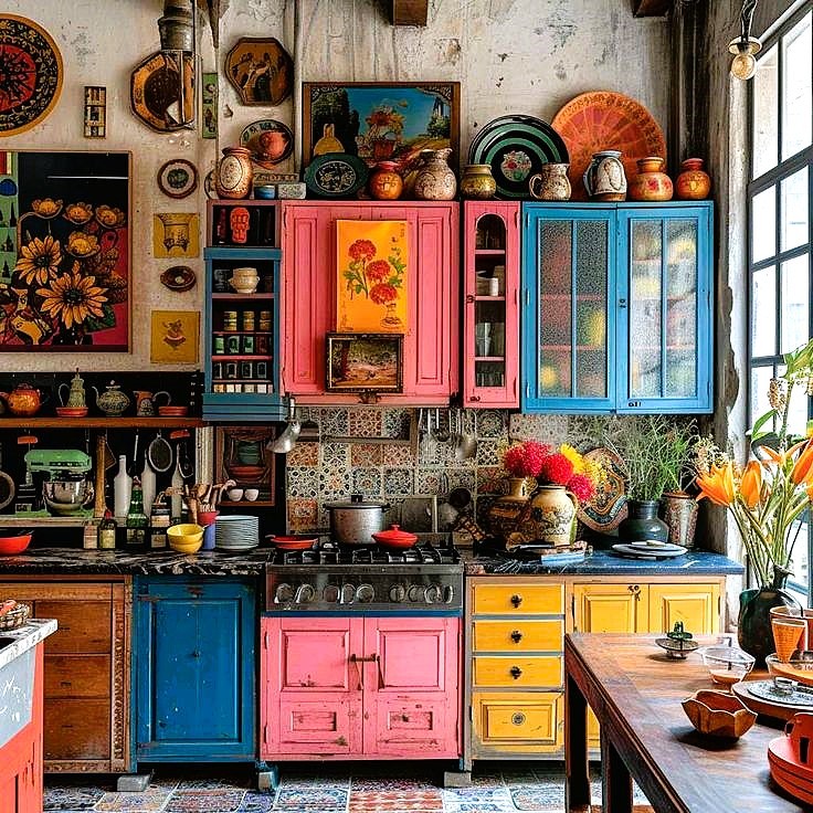 Bohemian kitchen with bright pink, yellow, and blue cabinets, decorative wall plates, and colorful accents