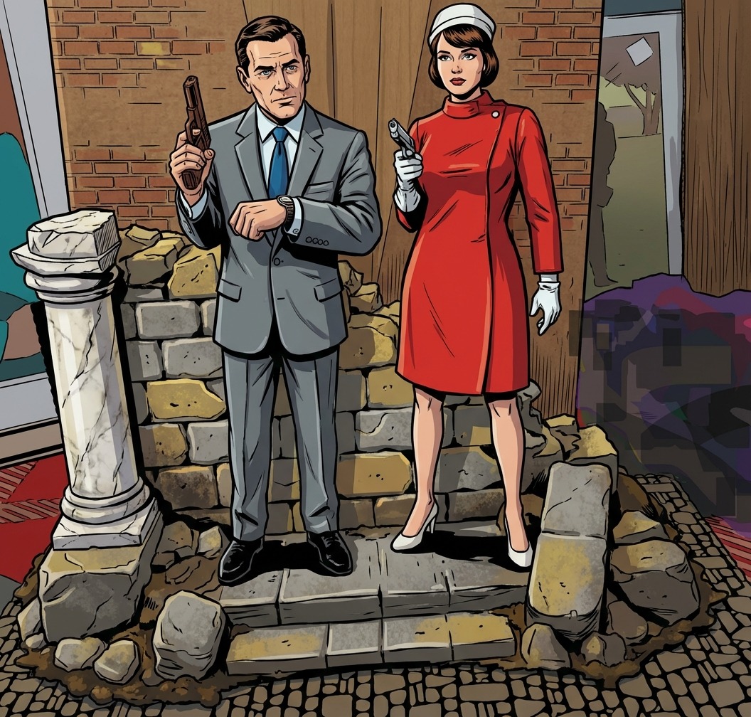 Illustrated 1960s spy couple, man with shoe phone and woman in red dress, standing in brick room