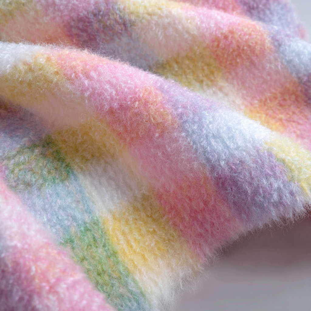 Close-up of a soft pastel striped knitted blanket with fluffy texture in pink, yellow, blue and lavender colors