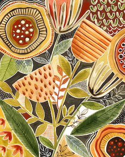 Stylized botanical illustration with decorative flowers, leaves and geometric patterns in warm colors