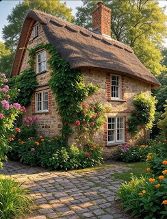 Stone cottage with thatched roof, ivy-covered walls, flower gardens, and cobblestone path in sunny setting