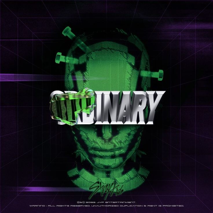 Dark green futuristic robotic head with mechanical elements and Oddinary text, Stray Kids album art