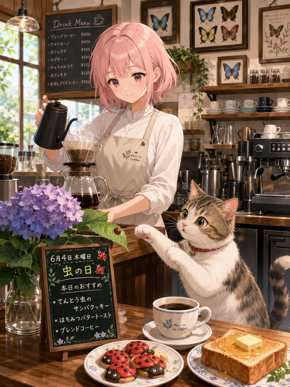 Anime girl with pink hair holding a cat in a warm cafe setting with coffee and breakfast