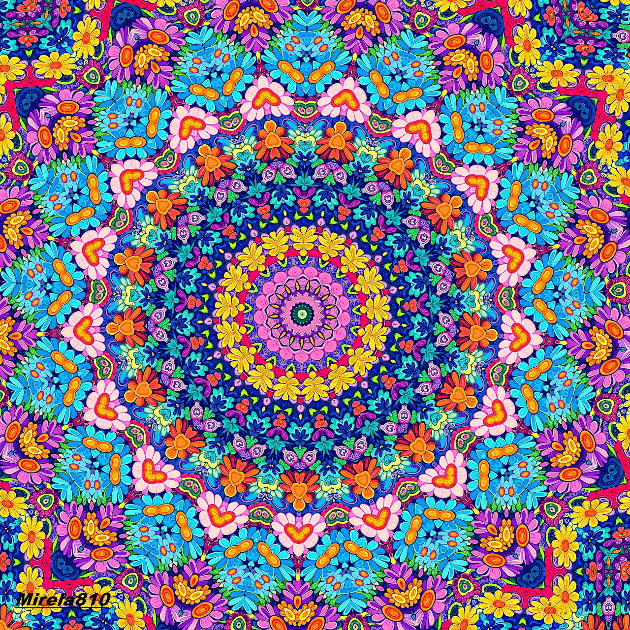 Colorful symmetrical mandala with floral motifs in pink, blue, yellow and orange radiating from golden center