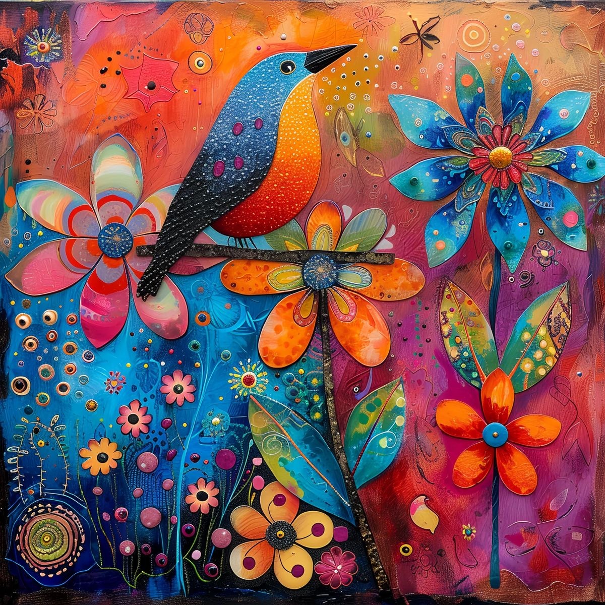 Blue bird surrounded by colorful stylized flowers and decorative patterns on textured background