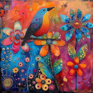 Colorful Bird with Decorative Flowers