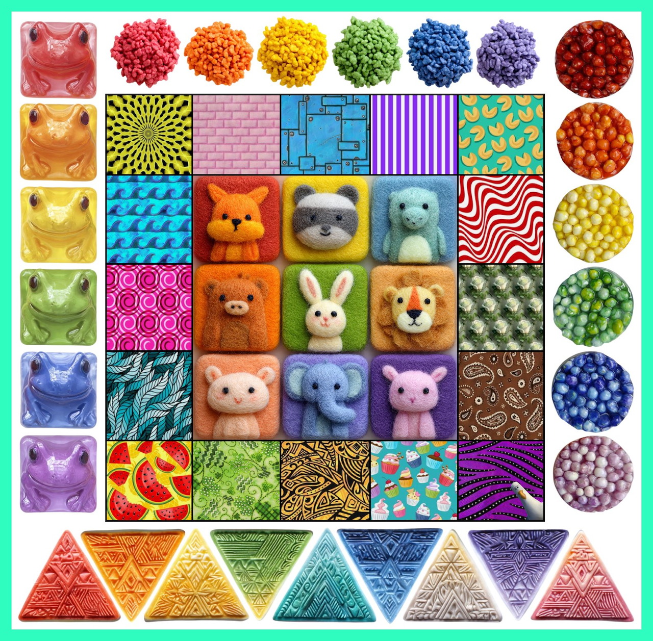 Grid of needle felt animal squares showing cat, sloth, bear, bunny, dog, elephant, hippo with colorful patterns and pompom border