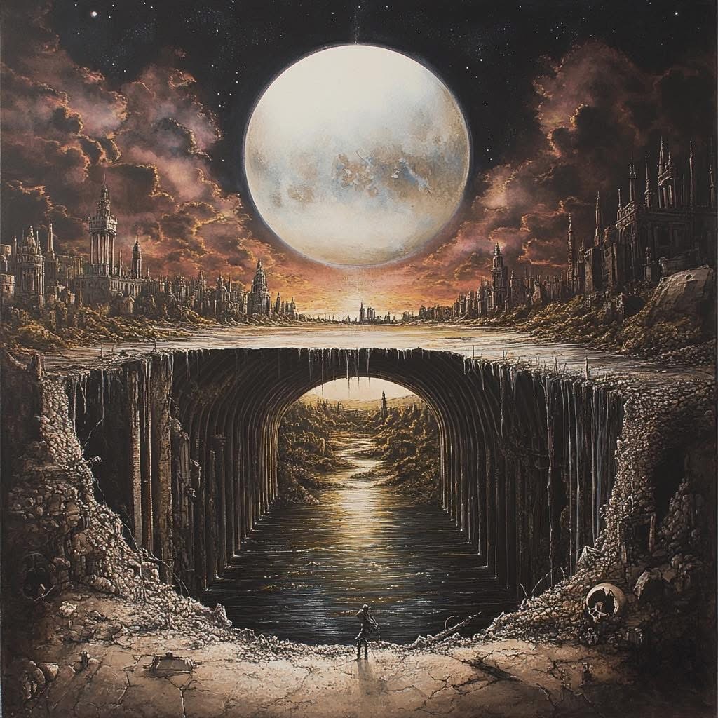 Surreal painting of giant moon over canyon with water reflection and silhouetted figures