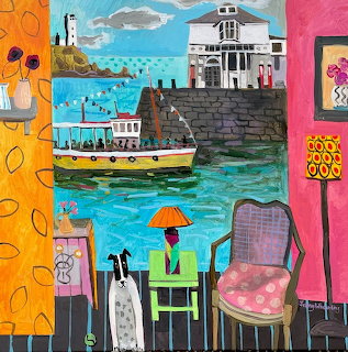 Colorful painting of coastal view through window with furniture, yellow boat, and buildings by water