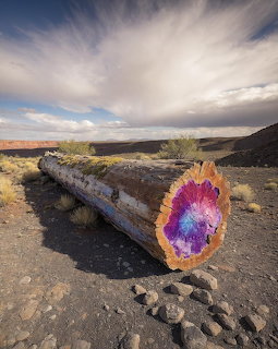 Rainbow-colored petrified wood log on dark desert ground with cloudy sky