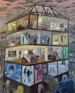 Painting of a cross-section of a multi-story building at night showing illuminated rooms with people inside