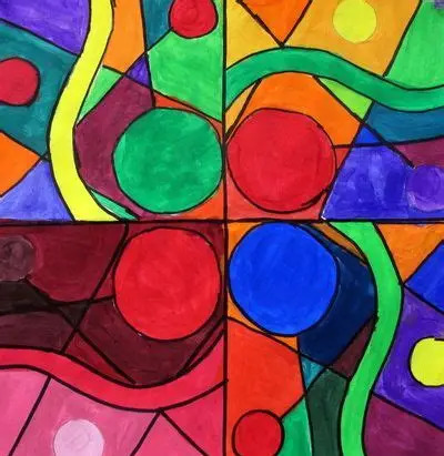Abstract art with colorful circles and curved shapes in vibrant hues