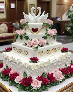 White tiered wedding cake with swan toppers, pink roses, and heart decorations