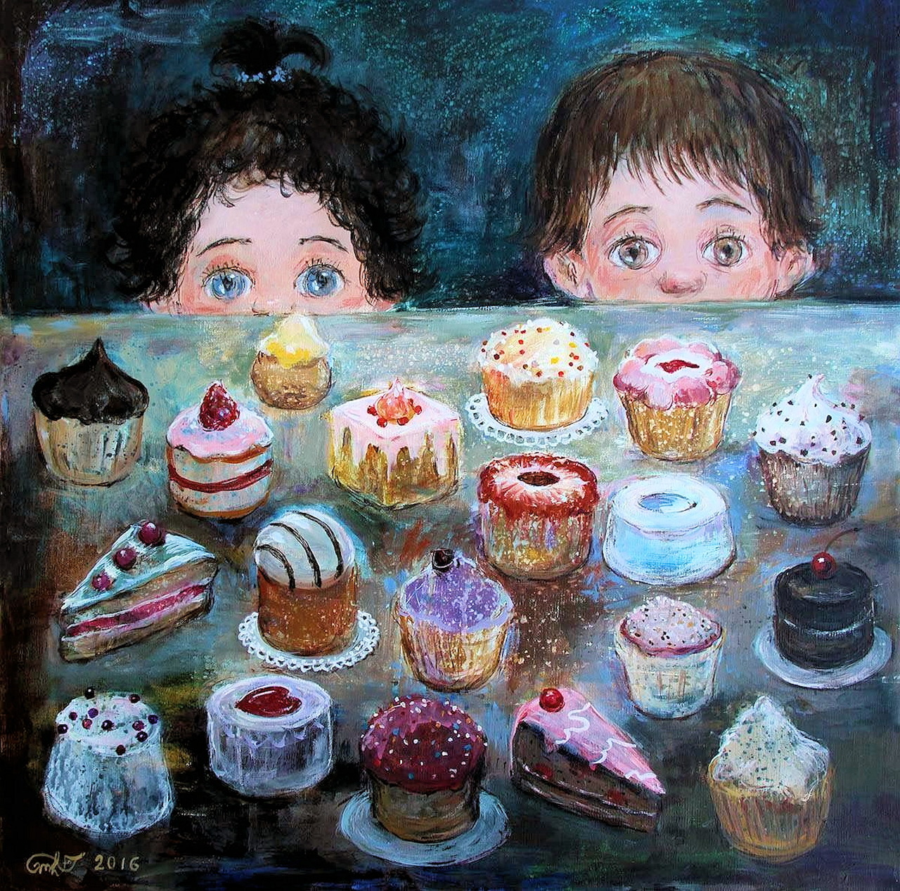 Painting of two children looking at a table full of decorated cakes and cupcakes