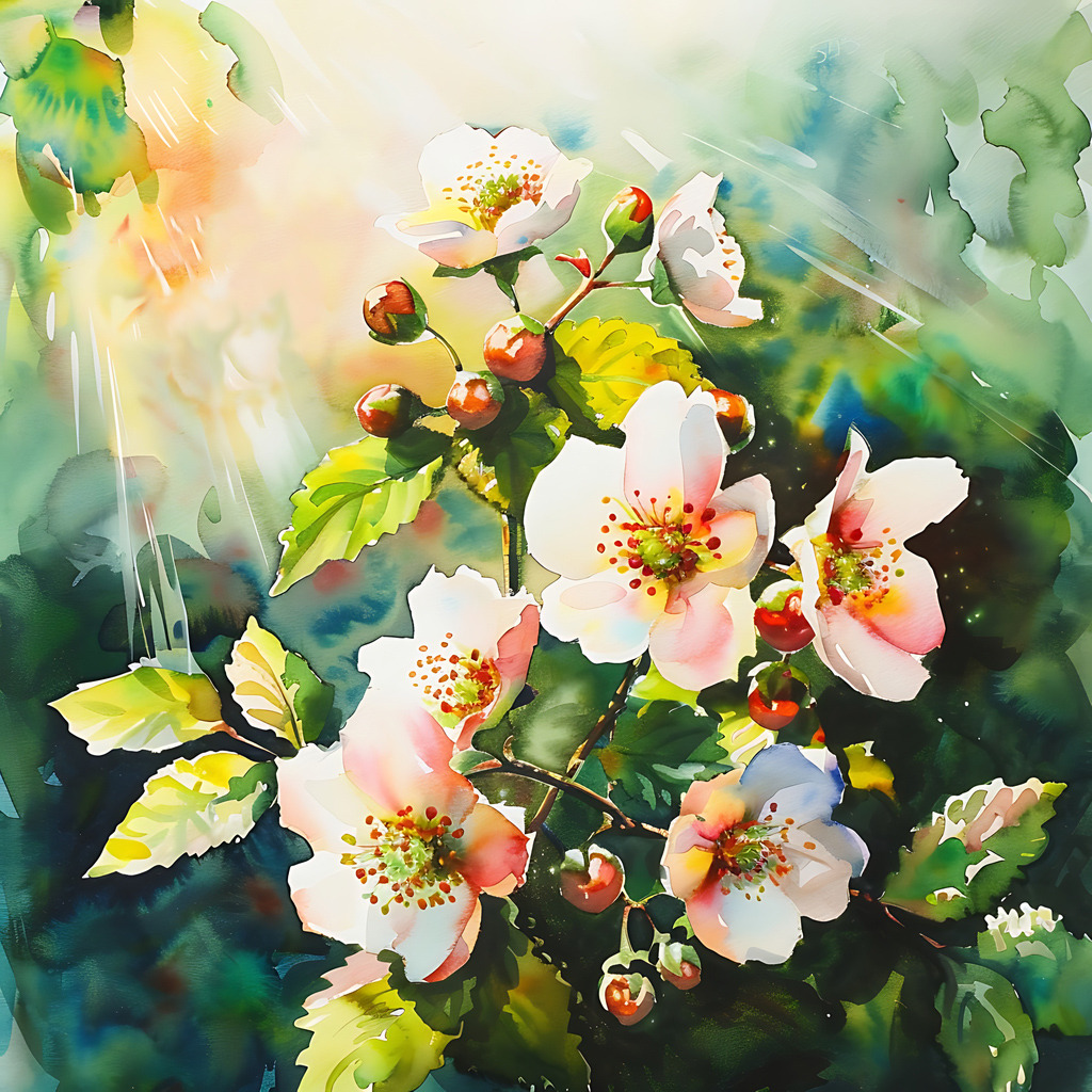 Watercolor painting of white flowers with pink stamens and green foliage against soft pastel background