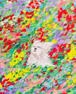 White fluffy dog amid swirling colorful flowers in vibrant acrylic painting
