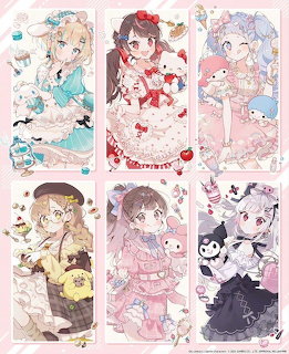 Six anime girl illustrations each paired with a different Sanrio character in pastel-colored panels