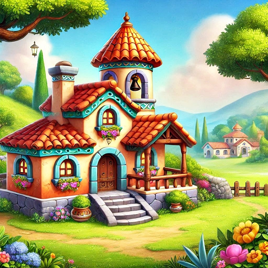 Colorful illustrated cottage with red roof and tower in a lush garden setting with flowers and trees