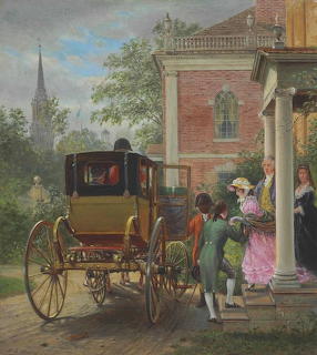 Vintage painting of a carriage outside a brick house with people on the porch