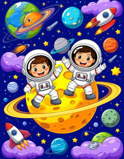 Two cartoon astronaut children on a yellow planet surrounded by rockets, planets, and stars in a vibrant space scene