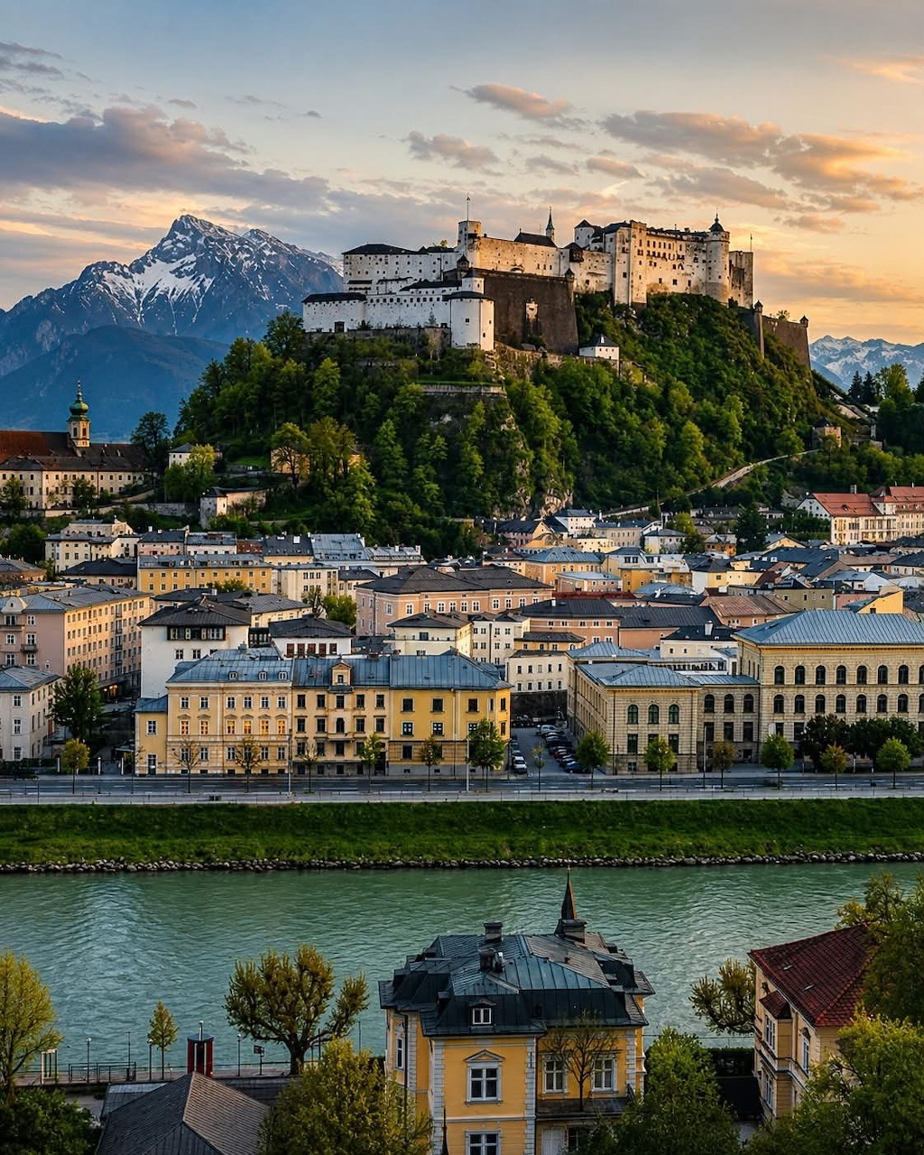Salzburg fortress on hilltop overlooking historic city buildings and river with mountains behind at dusk