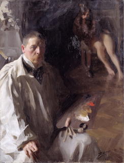 Oil painting self-portrait of Anders Zorn in white shirt with palette, nude figure in background