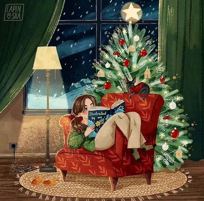 Illustration of girl reading by decorated Christmas tree in cozy room with lamp and snowy night window view