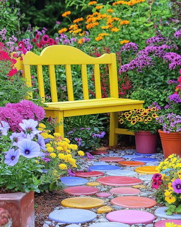 Colorful Garden Bench Flowers