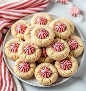 Plate of golden cookies with red and white peppermint candy centers on striped fabric