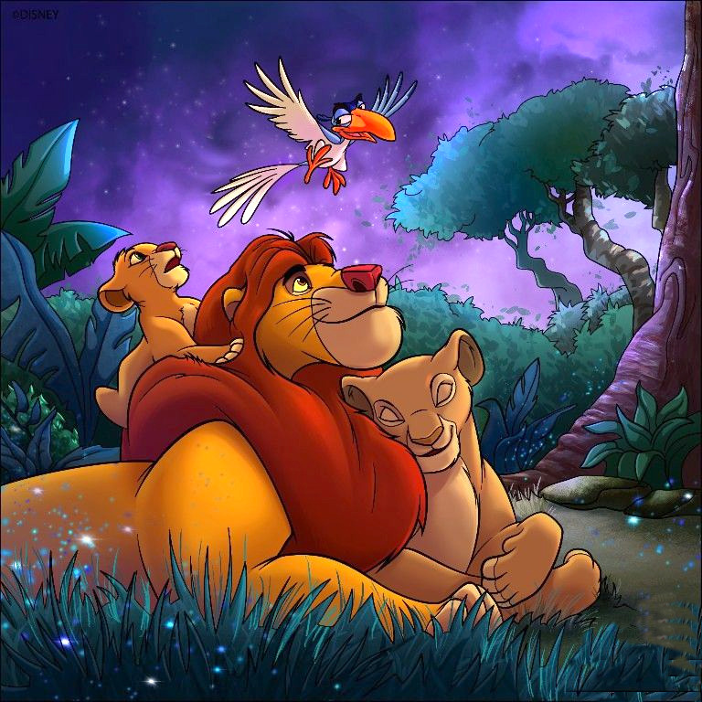 Lion King characters Simba, Nala, and cub relaxing together in jungle with colorful bird overhead