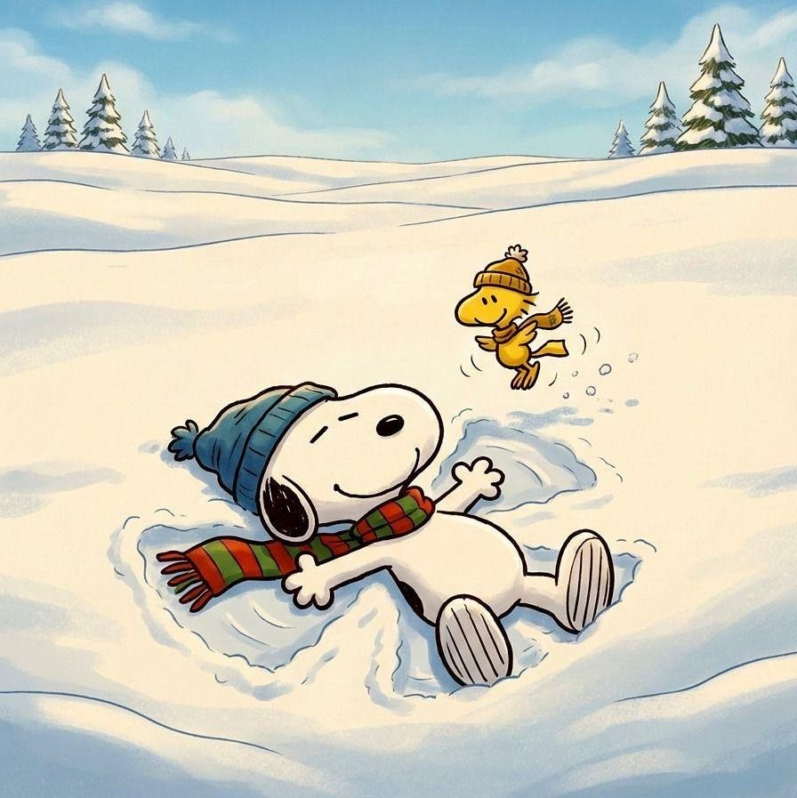 Snoopy lying in snow with Woodstock the bird flying above in a winter scene