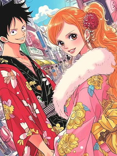 Anime characters Luffy and Nami wearing colorful floral kimonos at Japanese festival