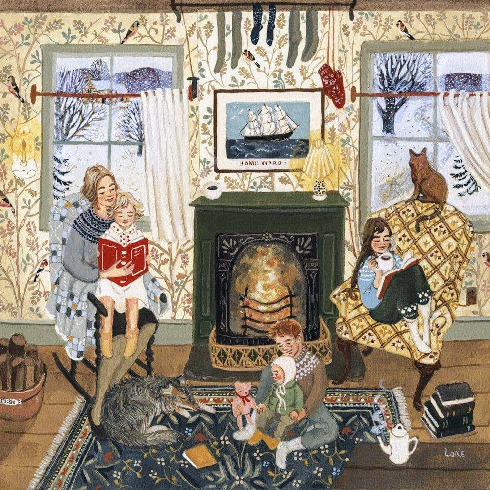 Family and cats relaxing by fireplace in cozy room with snowy windows