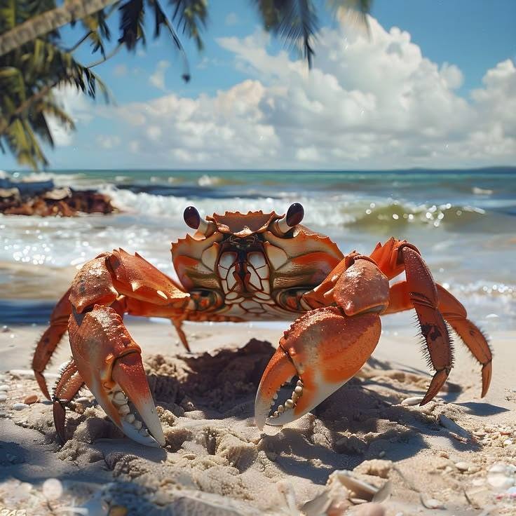 Red-orange crab on a sandy tropical beach with ocean waves and blue sky