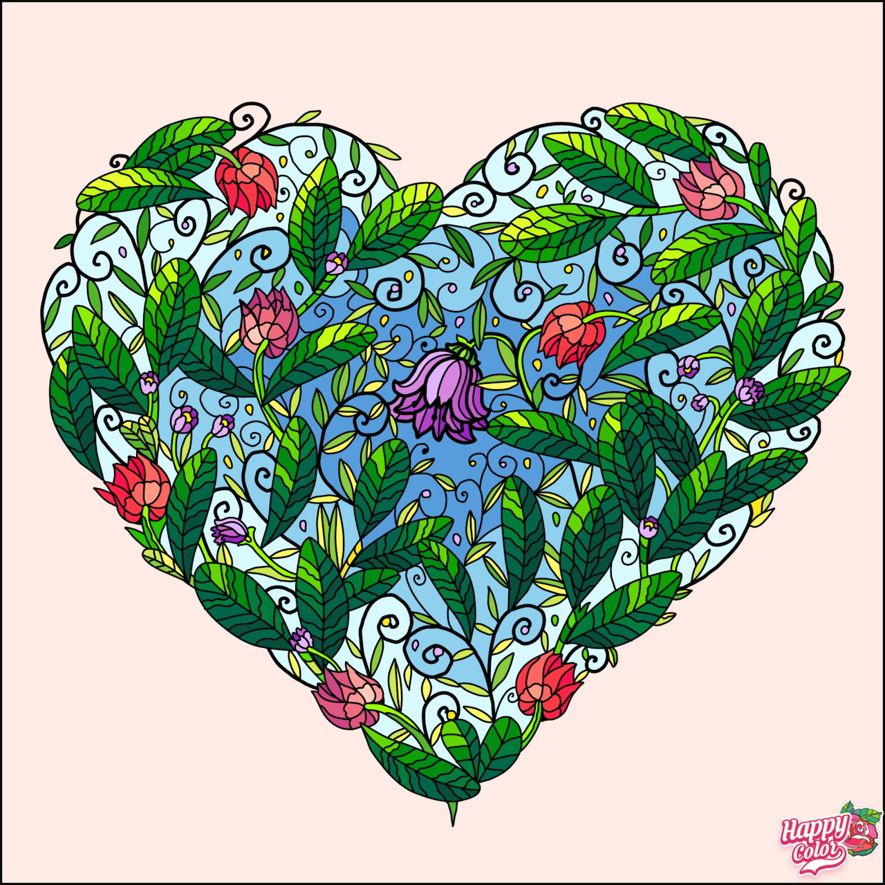 Heart shape filled with colorful flowers and green foliage on pink background