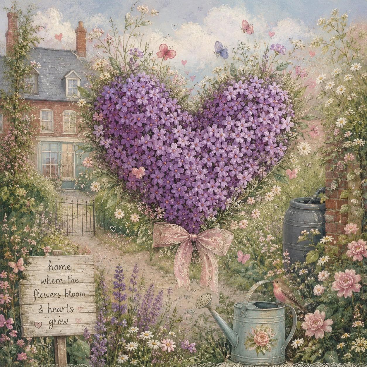 Pastel painting of a heart-shaped cluster of purple flowers with a pink ribbon in a cottage garden