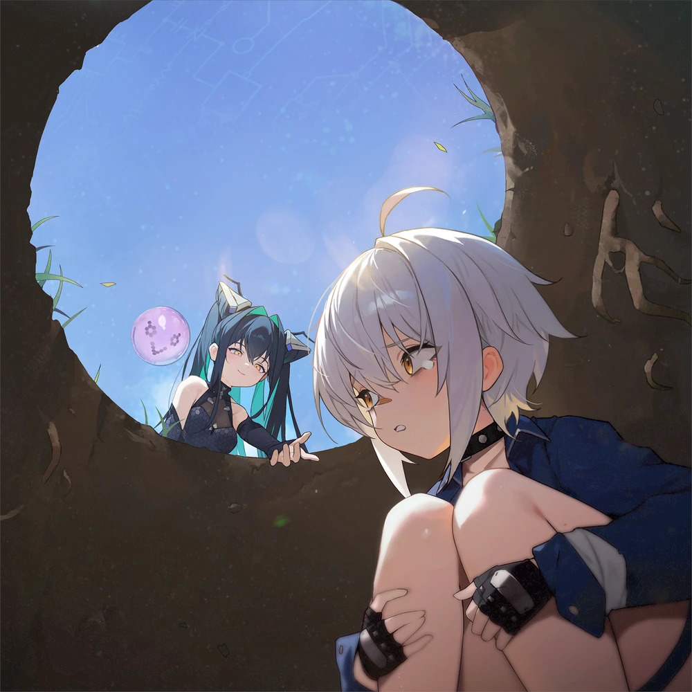 Anime girl reaching upward in cave with companion and bright opening above