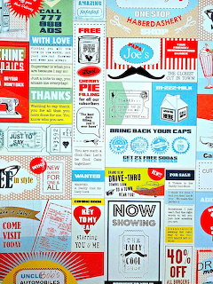 Colorful collage of vintage advertisements and coupons with retro typography in red, white, and blue
