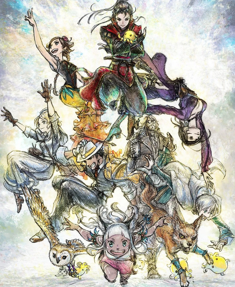 Octopath Traveler 2 character group illustration showing eight heroes stacked vertically with weapons
