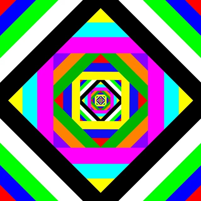 Colorful concentric geometric diamond and octagon pattern with bold rainbow colors radiating from center