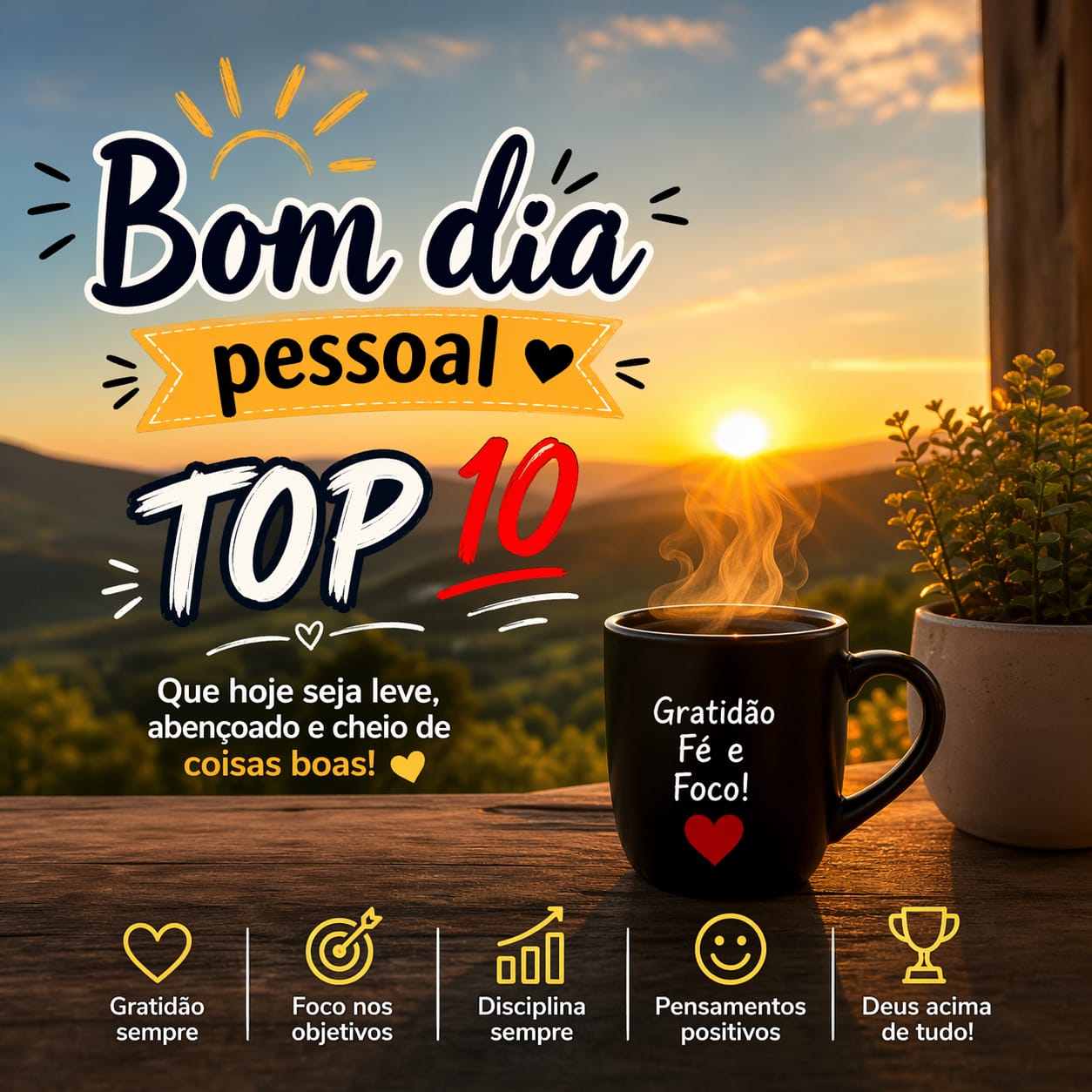 Steaming coffee mug at sunrise with Portuguese greeting text and small icons overlaid