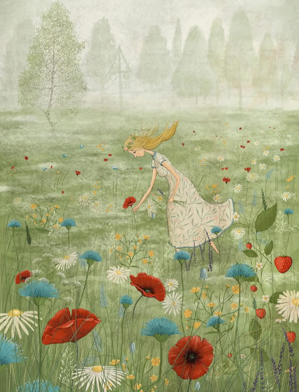Illustrated blonde girl dancing in a colorful meadow with red poppies, daisies, and blue cornflowers